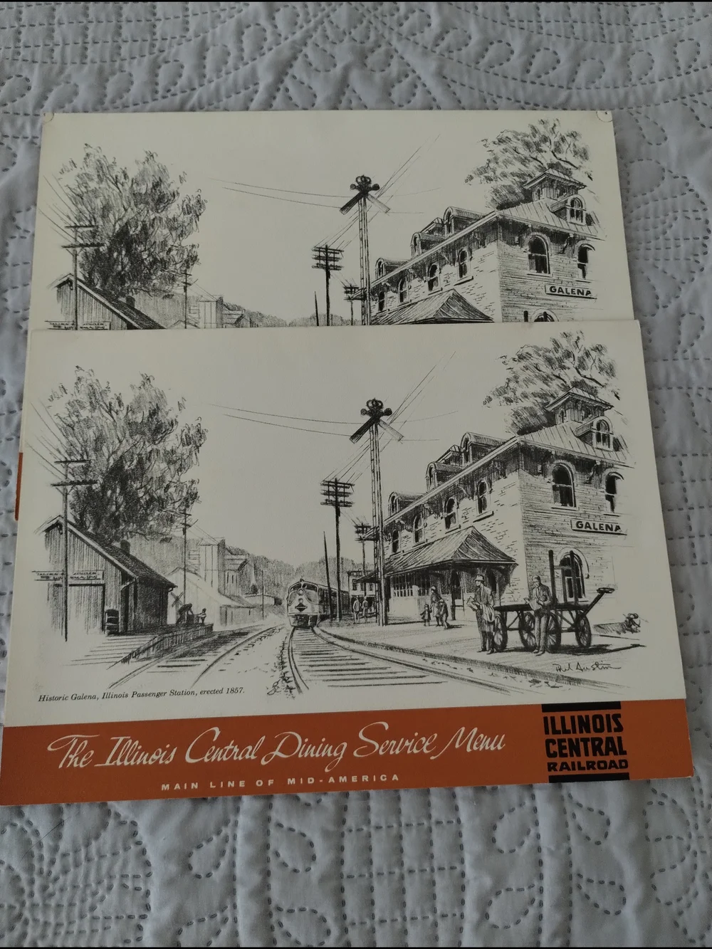 Two Vintage Illinois Central Dining Service Menu - Orange & White Railroad